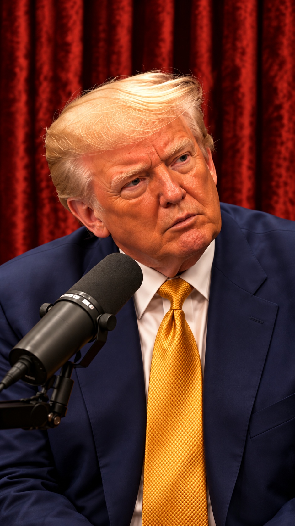 AI parody of Trump in a navy suit and gold tie at a podcast microphone